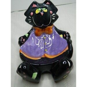 Black Cat Candy Dish Halloween Decor 5"H X 5.5"W Ceramic Whimiscal Black Cat